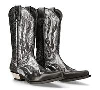 SIULAS PU Leder Stiefel Vintage Western Cowboy Stiefel Stickerei Biker Stiefel Slip auf Freizeitschuhe Spitz Toe Stiefel,Silber,45