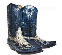 SIULAS Western Cowboy Stiefel - Low Heel Mid Tube Ritter Stiefel - Vintage Leder Stickerei Western Cowboy Biker Stiefel,Blau,44