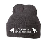 siviwonder Beanie strickmütze mit Hunderasse Stickerei Bad - American Staffordshire Terrier Stafford - warm für gassi Spaziergang Grey Melange-weiß