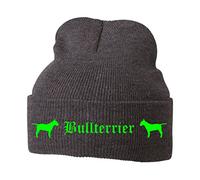 siviwonder Beanie strickmütze mit Hunderasse Stickerei Bad - Bullterrier Bull Terrier britische Hunderasse - Stickerei ALTDEUTSCH Hund Winter Mütze warm für gassi Spaziergang Grey Melange-neongrün