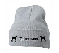 siviwonder Beanie strickmütze mit Hunderasse Stickerei Bad - Dobermann UNKUPIERT Pinscher Security K9 Diensthund DOBI - warm für gassi Spaziergang hellgrau-schwarz