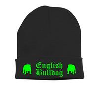 siviwonder Beanie strickmütze mit Hunderasse Stickerei Bad - English Bulldog Englische Bulldogge ENG - warm für gassi Spaziergang schwarz-neongrün