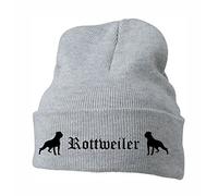 siviwonder Beanie strickmütze mit Hunderasse Stickerei Bad - Rottweiler Hund Hunde Motiv Hundesport Schutzhund ROTTI - warm für gassi Spaziergang hellgrau-schwarz