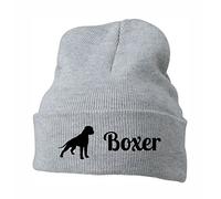 siviwonder Beanie strickmütze mit Hunderasse Stickerei - Boxer Deutscher Diensthunderasse - Stickerei Hund Winter Mütze warm für gassi Spaziergang hellgrau-schwarz