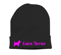 siviwonder Beanie strickmütze mit Hunderasse Stickerei - Cairn Terrier Begleithund Familie - Stickerei Hund Winter Mütze warm für gassi Spaziergang schwarz-neonpink