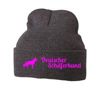 siviwonder Beanie strickmütze mit Hunderasse Stickerei - Deutscher SCHÄFERHUND German Shepherd Alsatian - Stickerei Hund Winter Mütze warm für gassi Spaziergang Grey Melange-neonpink