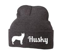 siviwonder Beanie strickmütze mit Hunderasse Stickerei - Husky Schlittenhund Siberian USA Sibirien Sled Dog Hund - Stickerei Hund Winter Mütze warm für gassi Spaziergang Grey Melange-weiß