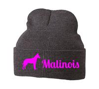 siviwonder Beanie strickmütze mit Hunderasse Stickerei - Malinois belgischer Schäferhund Belgian Schutzhund Polizei - Stickerei Hund Winter Mütze warm für gassi Spaziergang Grey Melange-neonpink
