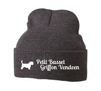 siviwonder Beanie strickmütze mit Hunderasse Stickerei - Petit Basset Griffon Vendeen Jagdhund Jäger - Stickerei Hund Winter Mütze warm für gassi Spaziergang Grey Melange-weiß