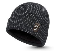 siviwonder Beanie Strickmütze Reflexmütze reflektierende Fasern Winter Fleece innen Patch Podenco Motiv Unisex Herren Damen warm Rippstrick Umschlag Gassi Spaziergang Outdoor Windhund Black