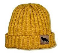siviwonder Beanie Strickmütze Wintermütze Unisex One Size mit Label Hundemotiv Deutscher Schäferhund, Rippstrick Umschlag Gassi Mütze für Damen und Herren für Spaziergang Training und Alltag Mustard