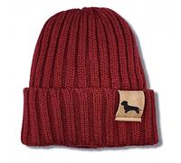 siviwonder Beanie Strickmütze Wintermütze Unisex One Size mit Label Hundemotiv Rauhaardackel Rippstrick Umschlag Gassi Mütze für Damen und Herren, geeignet für Spaziergang Wald und Alltag Burgundy