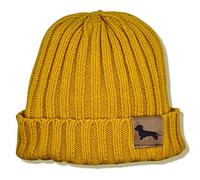 siviwonder Beanie Strickmütze Wintermütze Unisex One Size mit Label Hundemotiv Rauhaardackel Rippstrick Umschlag Gassi Mütze für Damen und Herren, geeignet für Spaziergang Wald und Alltag Mustard