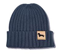 siviwonder Beanie Strickmütze Wintermütze Unisex One Size mit Label Hundemotiv Rauhaardackel Rippstrick Umschlag Gassi Mütze für Damen und Herren, geeignet für Spaziergang Wald und Alltag Navy