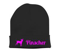 siviwonder Strickmütze - Pinscher Hund Hunde Motiv Zwerg Zwergpinscher - Stickerei Hund Winter Mütze Wintermütze Beanie Mütze schwarz-neonpink