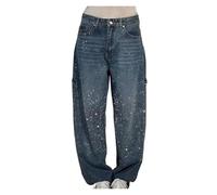 SIYAN Damen Glitzer Jeans Hohe Taille Lockere Denim Hose Kurvige Vintage Baggy Hose Glitzer Gerade Weite Bein Glänzende Jeans Lässige Lockere Jeans Damen Strass Hose, S-3XL(Blue,XXL)