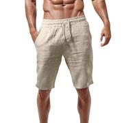 SIYAN Kurze Hose Herren Sommer Leinen Shorts Männer Einfarbig 3/4 Leinenhose Lose Leichte Sommerhose Mit 2 Taschen Elastische Taille Sommershorts Bequeme Kurz Strandhose(Apricot,S)