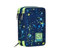 SJ Gang Schüleretui mit 3 Reißverschlüssen, Blau, Neon Snow, Stiftehalter, 3 Fächer, komplett mit Stilen, Bleistiften, Farben, Zubehör für Rucksäcke, elementare, mittelgroß, Kinder, Grün, Taglia Unica
