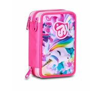 SJ GANG STYLE JAM GANG Federmäppchen Kinder, Mäppchen Mädchen mit Inhalt, Federtasche Schule 3 Fächer, Schüleretui, groß mit Blei- und Filzstiften, rosa