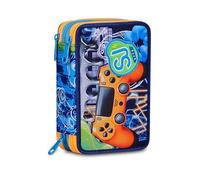 SJ GANG STYLE JAM GANG JOYFUL PINS BOY, Schulmäppchen mit 3 Reißverschlüssen, Blau, 3 Fächer, 45 Stück, Stiftehalter, komplett mit Bleistiften, Stiften und Farben, Zubehör Rucksack, Grundschule, Kind