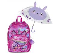 SJ GANG STYLE JAM GANG Schulrucksack mit Doppelfach SJ Ever, Fuchsia, Trinkflasche, Mädchen Grundschule + Regenschirm Violett, Hasenmuster