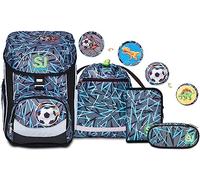 SJ Schulranzen Set 4-teilig Ergonomischer Schulrucksack, Ultraleichte Schultasche, 22 LT, ab 1. Klasse mit Mäppchen und Turnbeutel, Kinder Grundschule Mädchen Junge, blau/schwarz