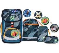 SJ Schulranzen Set 4-teilig Ergonomischer Schulrucksack, Ultraleichte Schultasche, 22 LT, ab 1. Klasse mit Mäppchen und Turnbeutel, Kinder Grundschule Mädchen Junge, grün/orange