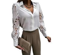 Damenhemden Schwarz Weiße Spitze Hohl Bluse Herbst Federtops Vintage -Knopf Langarm -Maschen -Design -Tops-Weiss-L