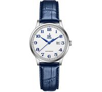 SK Classic Business Women Watches with Stainless Steel Band and Genuine Leather Elegant Ladies Calendar Watch(Arabic Number-Blue Leather)