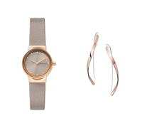 Skagen Damen Freja Lille Graue Lederuhr und Kariana Roségoldfarbene Edelstahl Ohrringe, Set