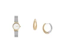 Skagen Damen Freja Lille Silberfarbene Edelstahl Uhr und Linje Modern Zweifarbige Ohrringe, Set