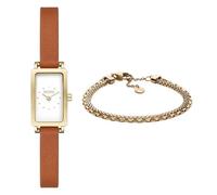 Skagen Damen Hagen Micro Braune Leder-Uhr und Merete Gold-Ton Edelstahl Armband, Set