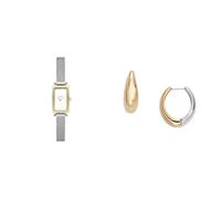 Skagen Damen Hagen Micro Silberfarbene Edelstahl Uhr und Linje Modern Zweifarbige Ohrringe, Set