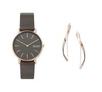 Skagen Damen Signatur Graue Lederuhr und Kariana Roségoldfarbene Edelstahl Ohrringe, Set