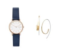 Skagen Damen Signatur Lille Blaue Lederuhr und Kariana Goldfarbene Edelstahl Ohrringe, Set