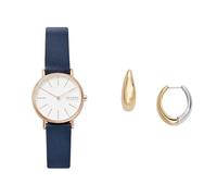 Skagen Damen Signatur Lille Blaue Lederuhr und Linje Modern Zweifarbige Edelstahl Ohrringe, Set