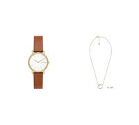 Skagen Damen Signatur Lille Braune Lederuhr und Goldfarbener Edelstahl Geschenkset
