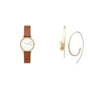 Skagen Damen Signatur Lille Braune Lederuhr und Kariana Goldfarbene Edelstahl Ohrringe, Set