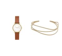 Skagen Damen Signatur Lille Braune Lederuhr und Kariana Goldfarbener Edelstahl Armband, Set