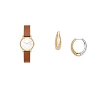 Skagen Damen Signatur Lille Braune Lederuhr und Linje Modern Zweifarbige Edelstahl Ohrringe, Set
