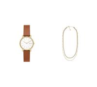 Skagen Damen Signatur Lille Braune Lederuhr und Merete Goldfarbener Edelstahl Halskette, Set