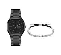 Skagen Herren Mellem Schwarze Edelstahl Uhr und Pelle-Armband Silberfarben, Set