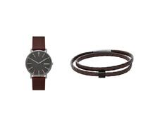 Skagen Herren Signatur Rote Lederuhr und Hulsten Silberfarbener Edelstahl Armband, Set