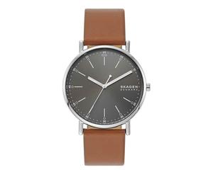 Skagen Herrenuhr Signatur, Dreizeiger Uhrwerk, 40mm Silbernes Edelstahlgehäuse mit Lederarmband, SKW6578