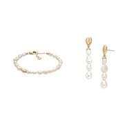 Skagen Women's Agnethe Pearl Bracelet and Earring, Gold-Tone Stainless Steel Set
