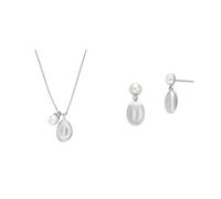 Skagen Women's Agnethe Pearl Necklace and Earring, Silver-Tone Stainless Steel Set