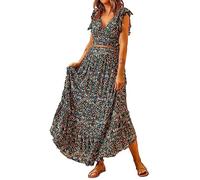 Skang 2 Teiler Damen Rock Und Oberteil Boho-Rock für Damen, tiefer V-Ausschnitt, Rüschen, Flügelärmel, Bindegürtel, Wickel-Chiffon, fließender Maxirock Lederrock