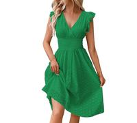 Skang Damen Bekleidung Sale reduziert Sommerkleid Damen Leicht Midi-Damenkleid mit Spitzen-Jacquard-Ausschnitt und schlankmachendem V-Ausschnitt in Übergröße Weite Kleider midi Kleid Damen Sommer