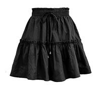 Skang Damen Kurzrock Boho Übergroßer Halbrock mit elastischer Taille und Holzohrkante, Temperament, A-Linie, kurzer Rock für Kinder Eleganter Schwarzer Mit Gummizug
