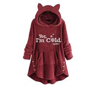 Skang Damen Pullover Elegant Damen-Fleece-Kapuzenoberteil mit Langen Ärmeln Yes Im Cold Letter Print Loose Pocket Hoodie Paar Pullis (Wine, S)